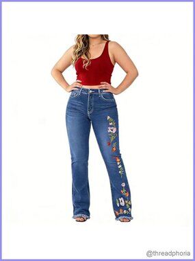 Plus Size High Rise Embroidered Flare Bootcut Stretch Jeans Women's
